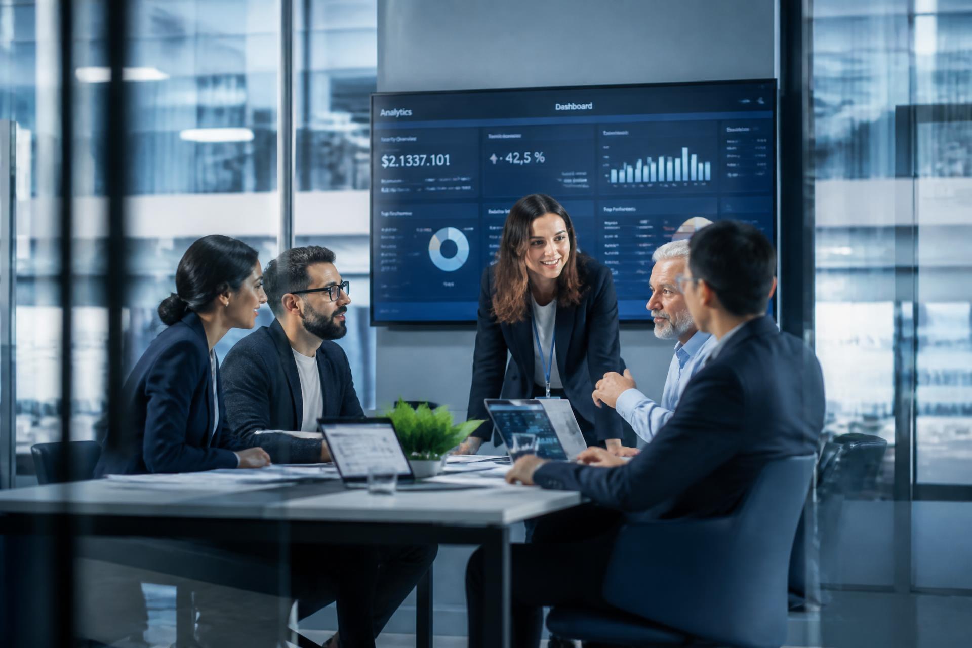 Time de consultores em reunião estratégica com dashboards de dados